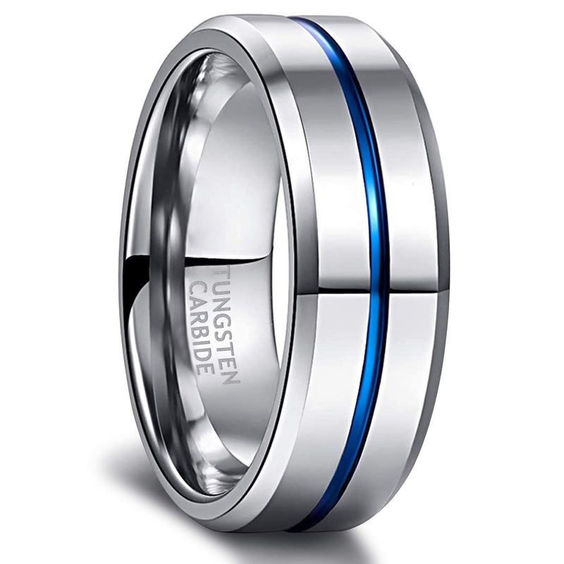 Greenpod 8MM Tungsten Carbide Rings Silver Blue High Polished Beveled Edge Wedding Band for Men Women Size 10 - Image 1